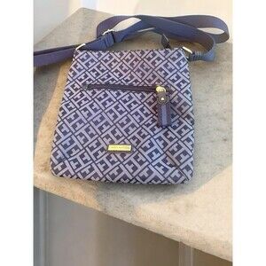 Tommy Hilfiger Front Pocket Crossbody Bag Blue Canvas Purse Adjustable Strap